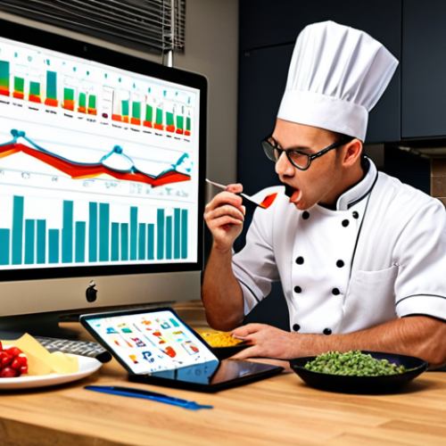 Home 4 The Data Chef**
Prompt: *A chef in a modern kitchen, surrounded by data visualizations (charts, graphs). He's tasting a spoonful of data, with a thoughtful expression. Ingredients (data points) are neatly organized. Focus on vibrant colors and a clean, informative style.*
**