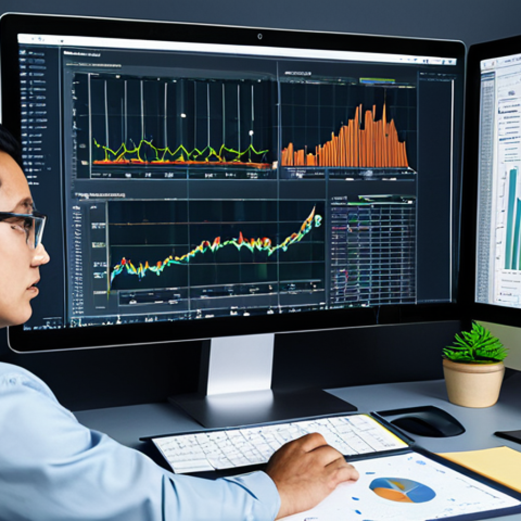 수학과 금융공학 - "A data scientist in a professional setting, analyzing financial models on a computer screen, graphs...