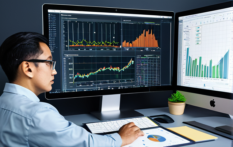 수학과 금융공학 - "A data scientist in a professional setting, analyzing financial models on a computer screen, graphs...