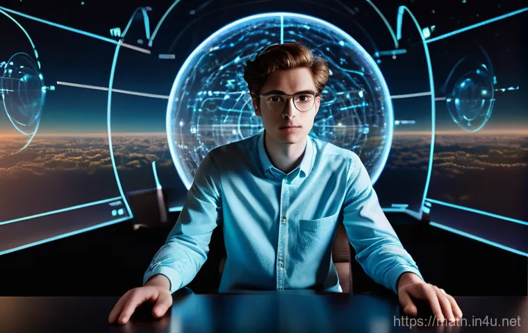 수학과 양자역학의 관계 - A focused young male student, in his early twenties and dressed in a smart casual shirt and trousers...